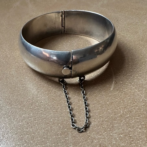 Vintage Jewelry - Vintage Sterling Silver cuff bangle bracelet Mexico modernist brutalist w chain